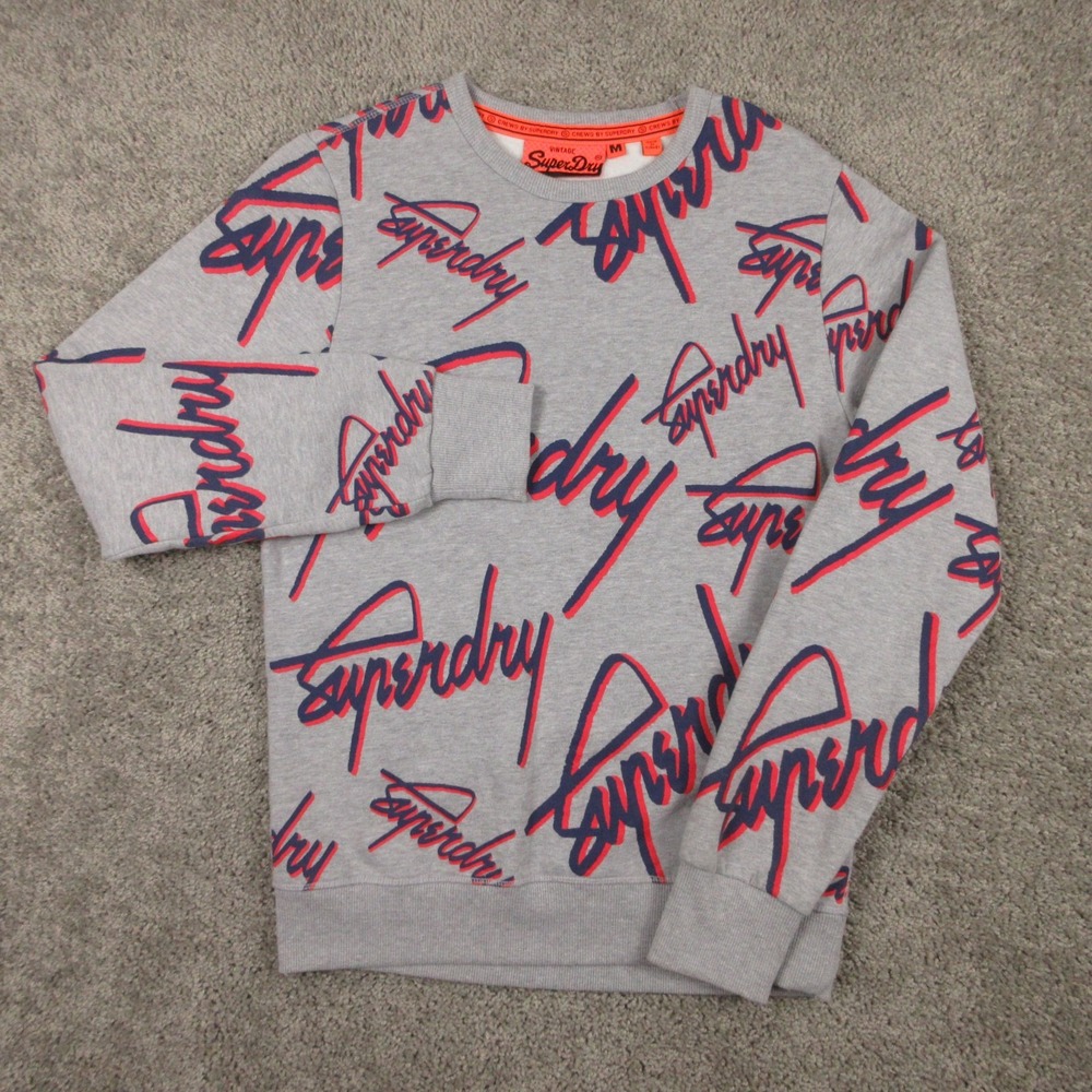 SuperDry Sweater Mens Medium Gray All Over Print Crewneck Sweatshirt Pullover